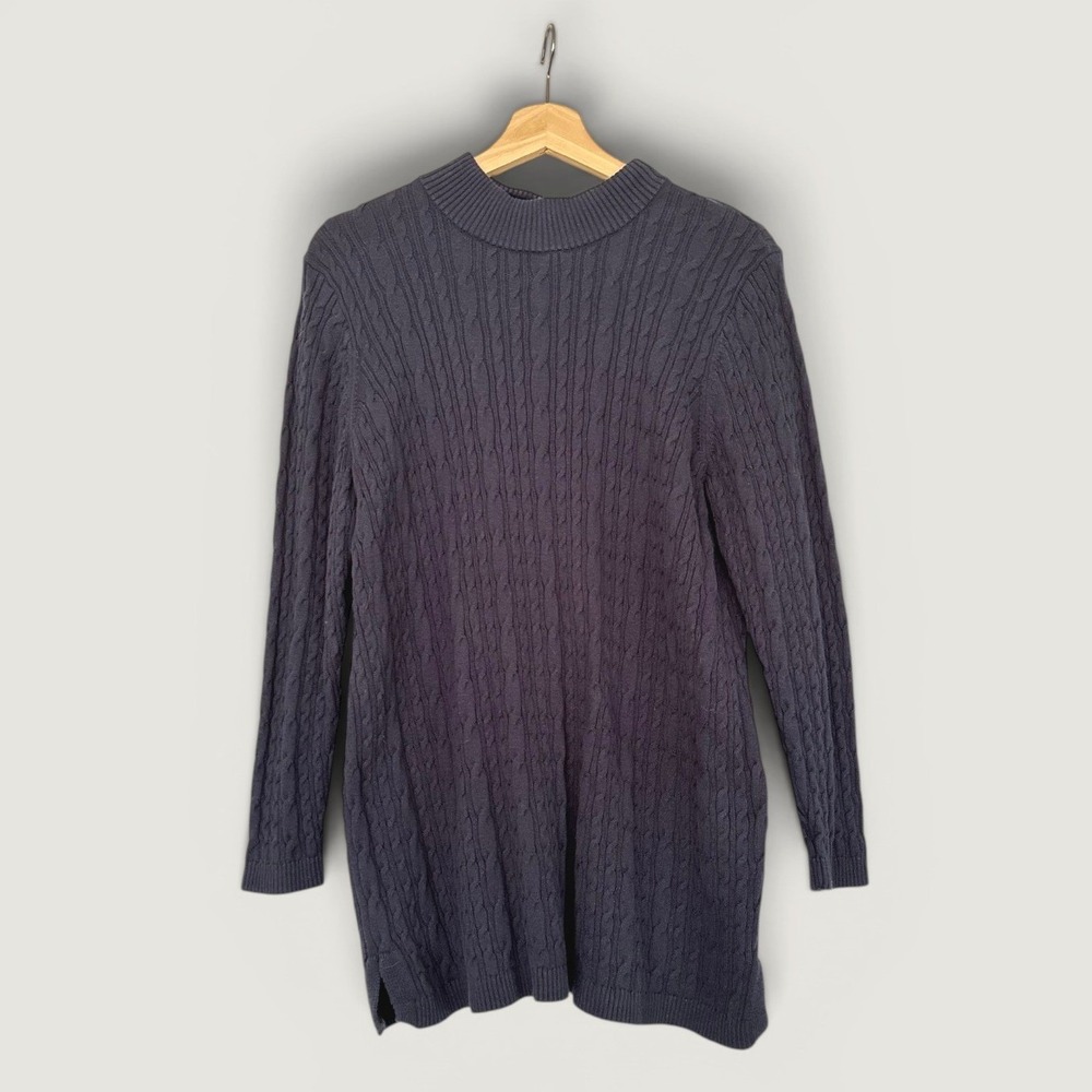 Lands End Navy Blue Cable Knit Tunic Sweater Mock Neck Cotton Lagenlook XL P 18